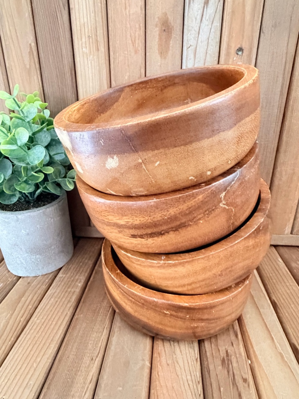 Set of 4 Vintage Wooden Bowls Hand Carved Wood Boho Rustic Decor